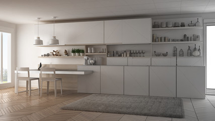 Unfinished project of minimalistic modern kitchen with wooden details, sketch abstract interior design