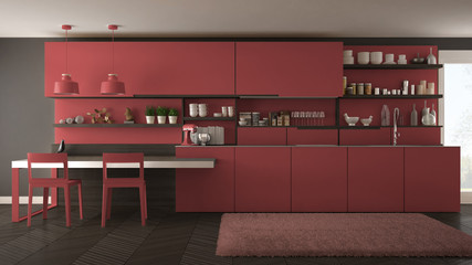 Minimalist modern kitchen with wooden details, table and chairs, red interior design