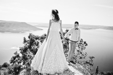 Newlywed standing next to green bushes on the precipice with a view of a lake in the background on...
