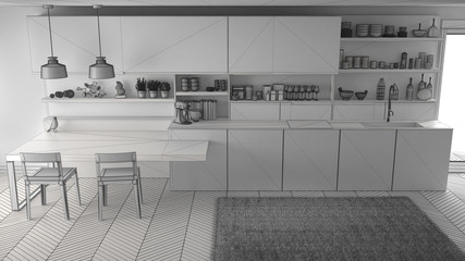 Unfinished project of minimalistic modern kitchen with wooden details, sketch abstract interior design