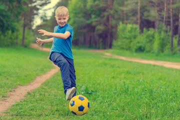 Fototapeta premium Blond boy in a blue T-shirt boy kicks the ball in the woods