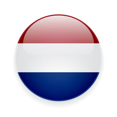 Round glossy icon with national flag of Netherlands on white background