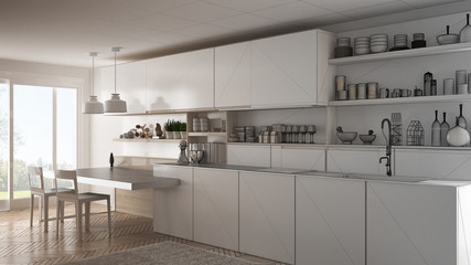 Unfinished project of minimalistic modern kitchen with wooden details, sketch abstract interior design