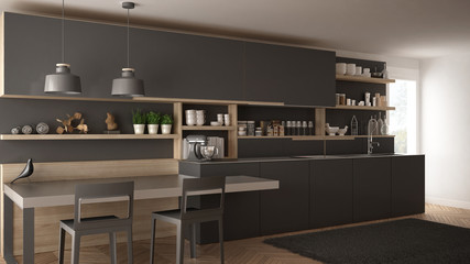 Minimalist modern kitchen with wooden details, table and chairs, gray interior design