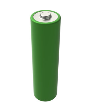 3D realistic render of AA green alkaline battery on a white background, isolated, with shadow