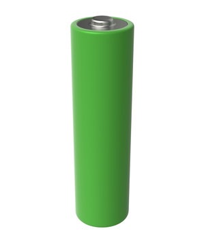 3D realistic render of AA green alkaline battery on a white background, isolated, with shadow