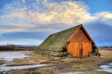 Turf covered side building at the Skalholt Cathedral in Iceland