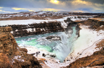 Beautiful view on the famous Gullfoss waterfall in Iceland in winter