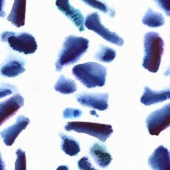 Large raster illustration with blue and aqua brush spots, hand drawn with watercolor ink and brush. Seamless pattern on white textured paper, good for design and decoration