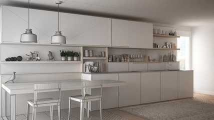 Unfinished project of minimalistic modern kitchen with wooden details, sketch abstract interior design
