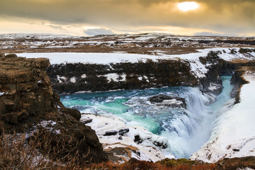Beautiful view on the famous Gullfoss waterfall in Iceland in winter