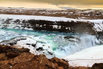 Beautiful view on the famous Gullfoss waterfall in Iceland in winter