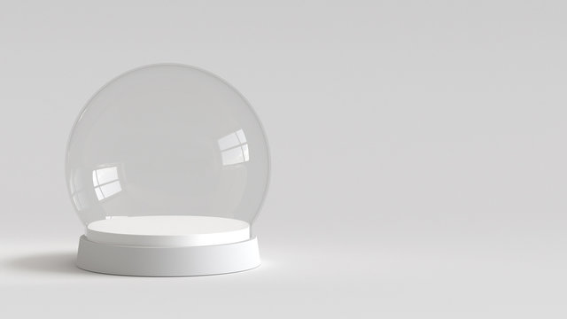 Empty snow glass ball with white tray on white background. 3D rendering.
