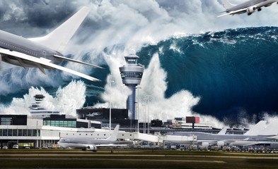 airport is hit by a big wave of water - obrazy, fototapety, plakaty