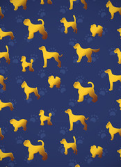 Vertical card. Pattern with yellow gold dogs on dark blue background with paws. Different breeds.