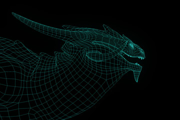 Dragon in Hologram Wireframe Style. Nice 3D Rendering
