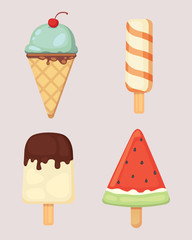 Collection of vector cartoon ice cream illustrations. Summer food.