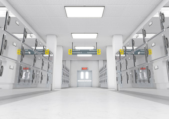 A look down the aisle of fridges in a clean white ward in a mortuary - 3D render