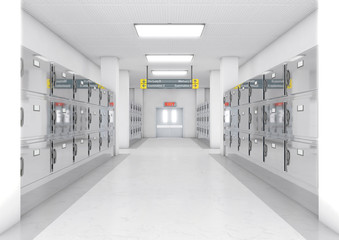 A look down the aisle of fridges in a clean white ward in a mortuary - 3D render