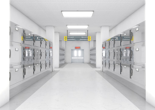 A look down the aisle of fridges in a clean white ward in a mortuary - 3D render