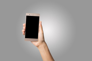 Close Up woman hands typing on mobile phone isolated on white background.