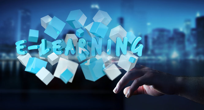 Woman touching floating 3D render e-learning presentation with cube