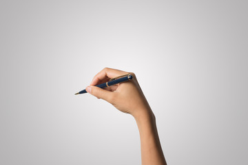 Woman hand with pens isolated on white background.