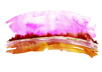 Watercolor painting, landscape, Sunset. The shore of the river, the lake, the pond with forest on the horizon. Against the background of the Pink, red sky. 