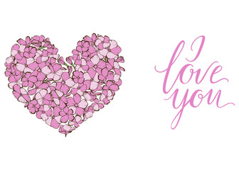 Heart of gently pink phlox flowers isolated on white background and lettering I LOVE YOU. Vector illustration.