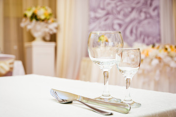 Empty wine glasses in restaurant