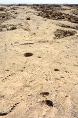 Rocky deserted landscape with ancient dot carvings at Jebel Jassassiyeh site in Northern Qatar.