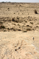 Rocky deserted landscape with ancient dot carvings at Jebel Jassassiyeh site in Northern Qatar.