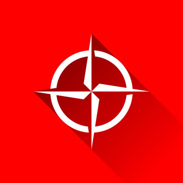Icono plano simbolo brujula con sombra en fondo rojo