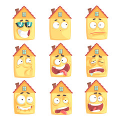 Cute cartoon humanized house with with many expressions set of vector Illustrations
