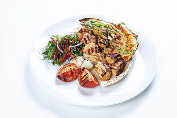 Chicken kebab Shawarma Plate isolated on White