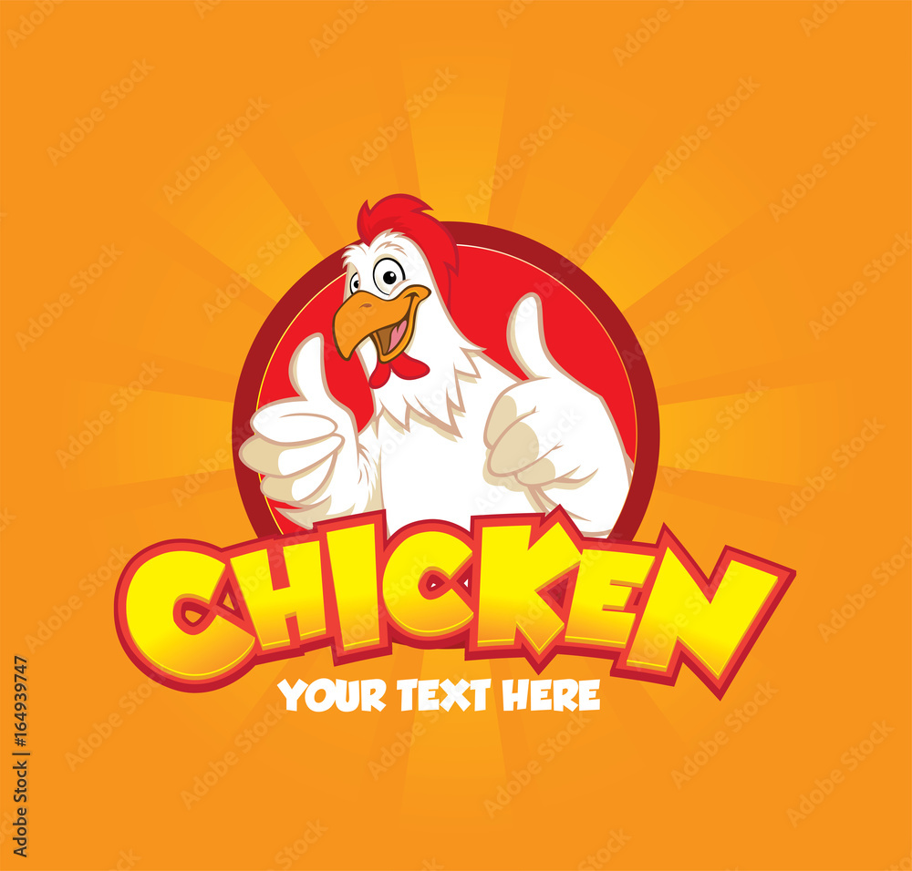 Wall mural A happy funny Cartoon Rooster chicken giving a thumbs up with two hand on orange background, vector logo illustration