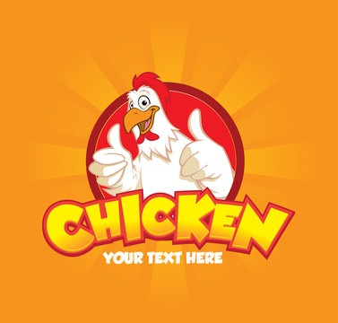 A happy funny Cartoon Rooster chicken giving a thumbs up with two hand on orange background, vector logo illustration