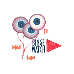 Vector illustration about Binge Watching or viewing multiple episodes of a tv show in rapid succession. .Doodle styled player buttons, big play button, eyeballs and text "Binge Watch".