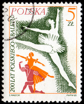 UKRAINE - CIRCA 2017: A postage stamp printed in Poland shows Prima ballerina from series Ballet, circa 1985