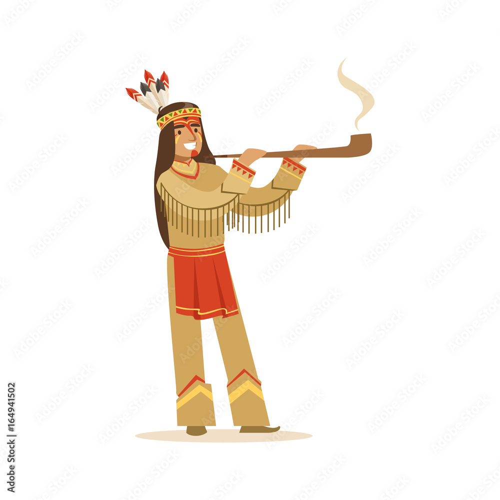 Wall mural native american indian in traditional indian clothing smoking pipe vector illustration