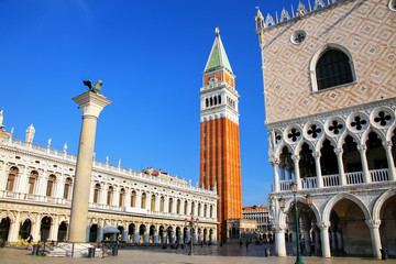 Piazzetta San Marco with St Mark's Campanile, Lion of Venice statue and Palazzo Ducale in Venice,...