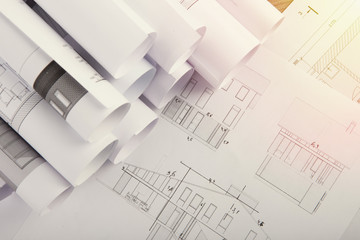 Workplace of architect - construction drawings
