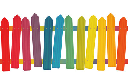 Crooked, unsteady fence - colored funny askew pickets with wooden texture, seamless extendable - isolated vector illustration on white background.