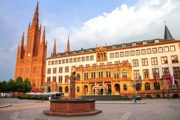 Schlossplatz square with Market Church and New Town Hall in Wiesbaden, Hesse, Germany