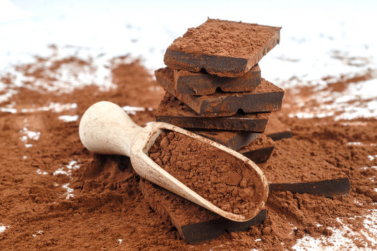 dark chocolate pieces and cocoa powder