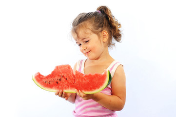 Little girl eating watermelon isolated on white