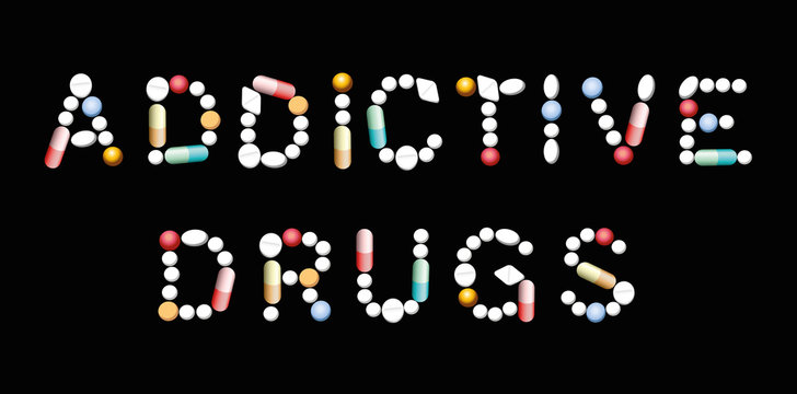 ADDICTIVE DRUGS written with pills, tablets and capsules. Isolated vector illustration on black background.
