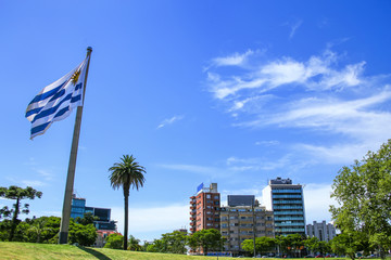 National flag of Uruguay flying in Tres Cruces district of Montevideo, Uruguay