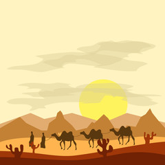 Fototapeta na wymiar Caravan of camels in the desert, Bedouins lead camels through the desert