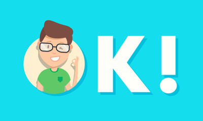 Happy young man winking and showing ok sign over blue background